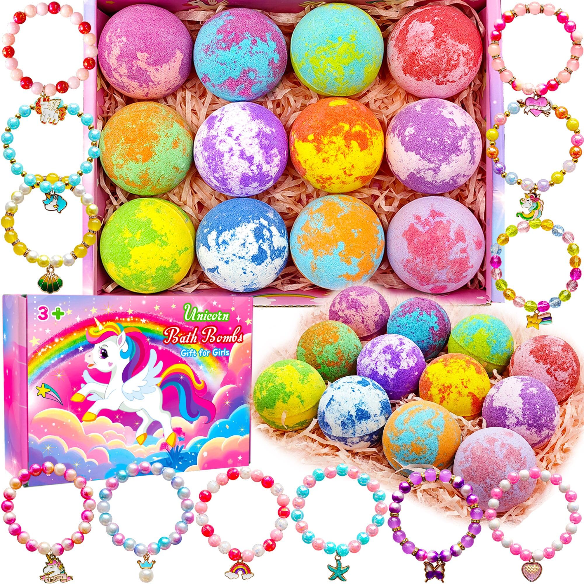 Phaorui unicorn bath bombs reveal a bracelet inside for girls.