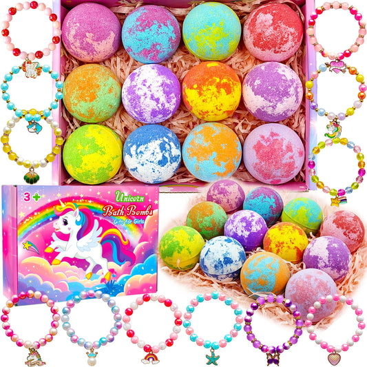 Phaorui unicorn bath bombs reveal a bracelet inside for girls.
