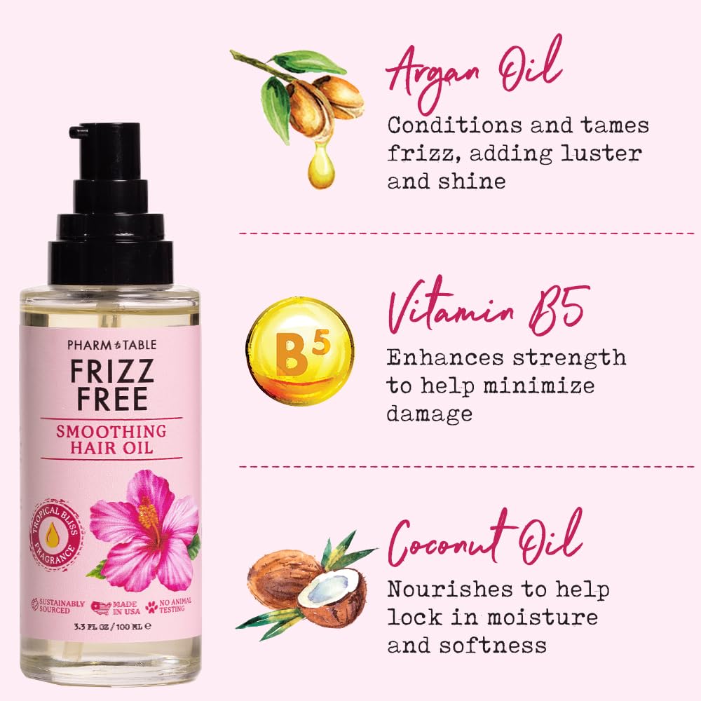 PHARM TO TABLE Frizz Free Smoothing Hair Oil detangles and nourishes for smoother, manageable hair