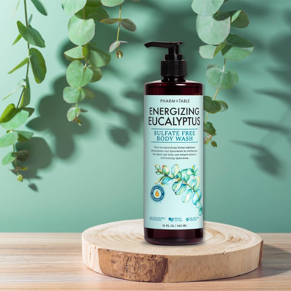 PHARM TO TABLE Energizing Eucalyptus Body Wash eucalyptus leaf accent.