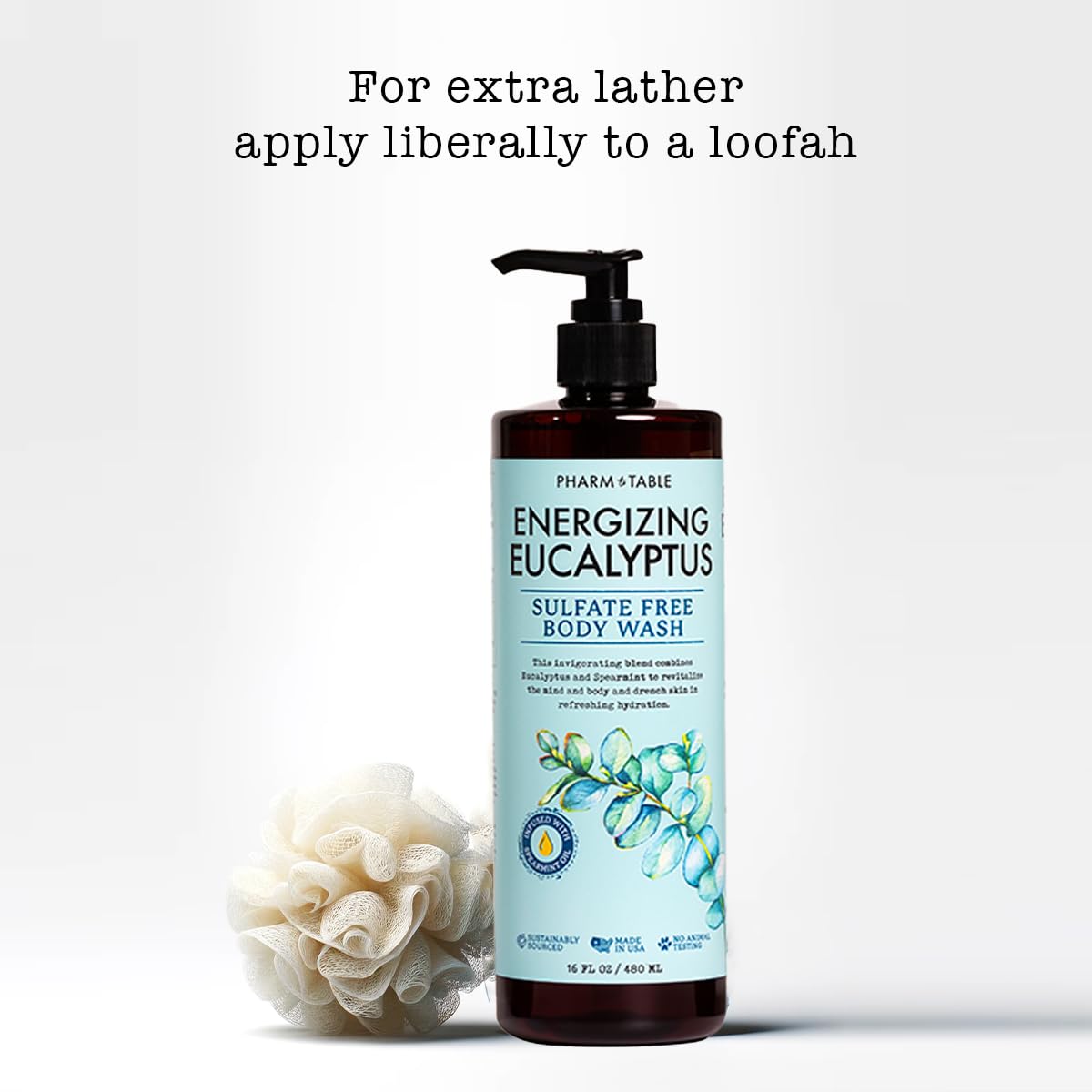 PHARM TO TABLE Energizing Eucalyptus Body Wash lather with rich bubbles.