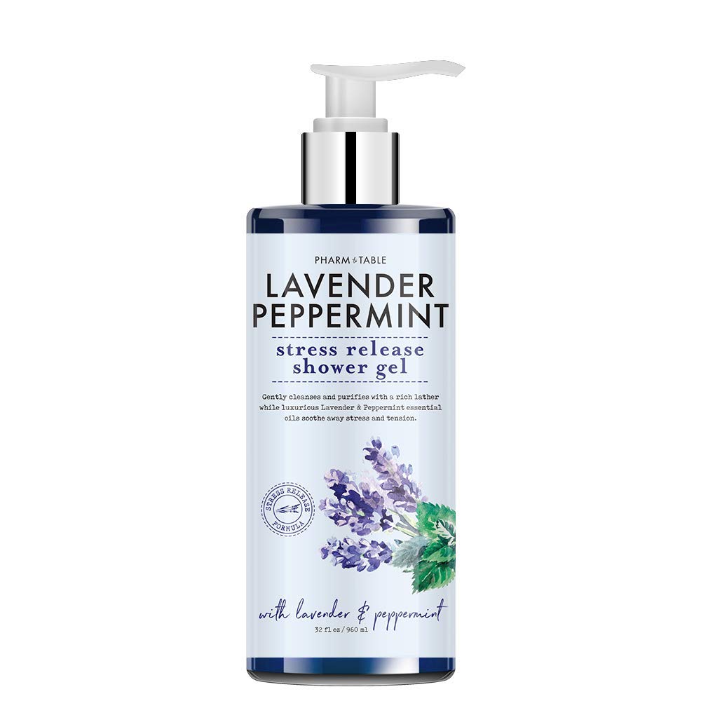 PHARM TO TABLE Stress Release shower gel bottle with lavender peppermint scent for calming mornings.