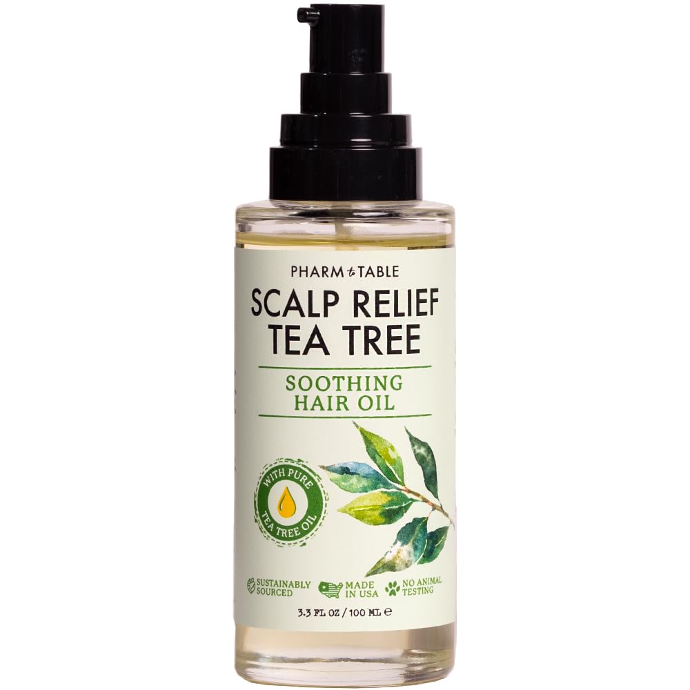 PHARM TO TABLE Tea Tree Hair Oil bottle for soothing scalp care.
