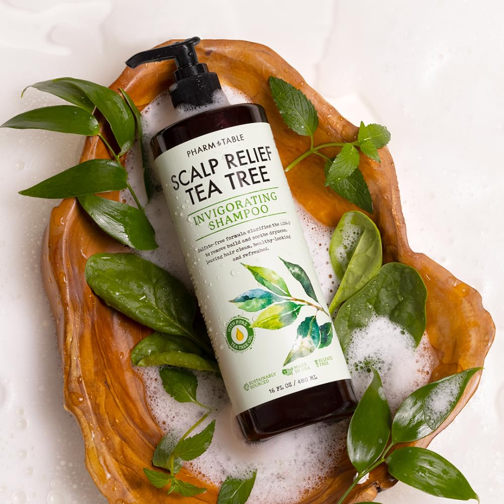 PHARM TO TABLE Tea Tree Shampoo closeup tea tree oil focus for nourishing scalp.