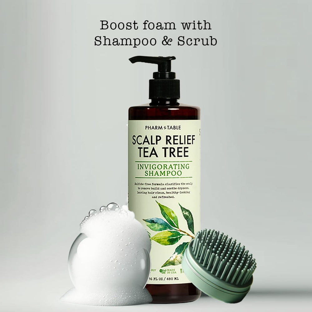 PHARM TO TABLE Tea Tree Shampoo mint splash visual for awakening sensations and scalp soothing.