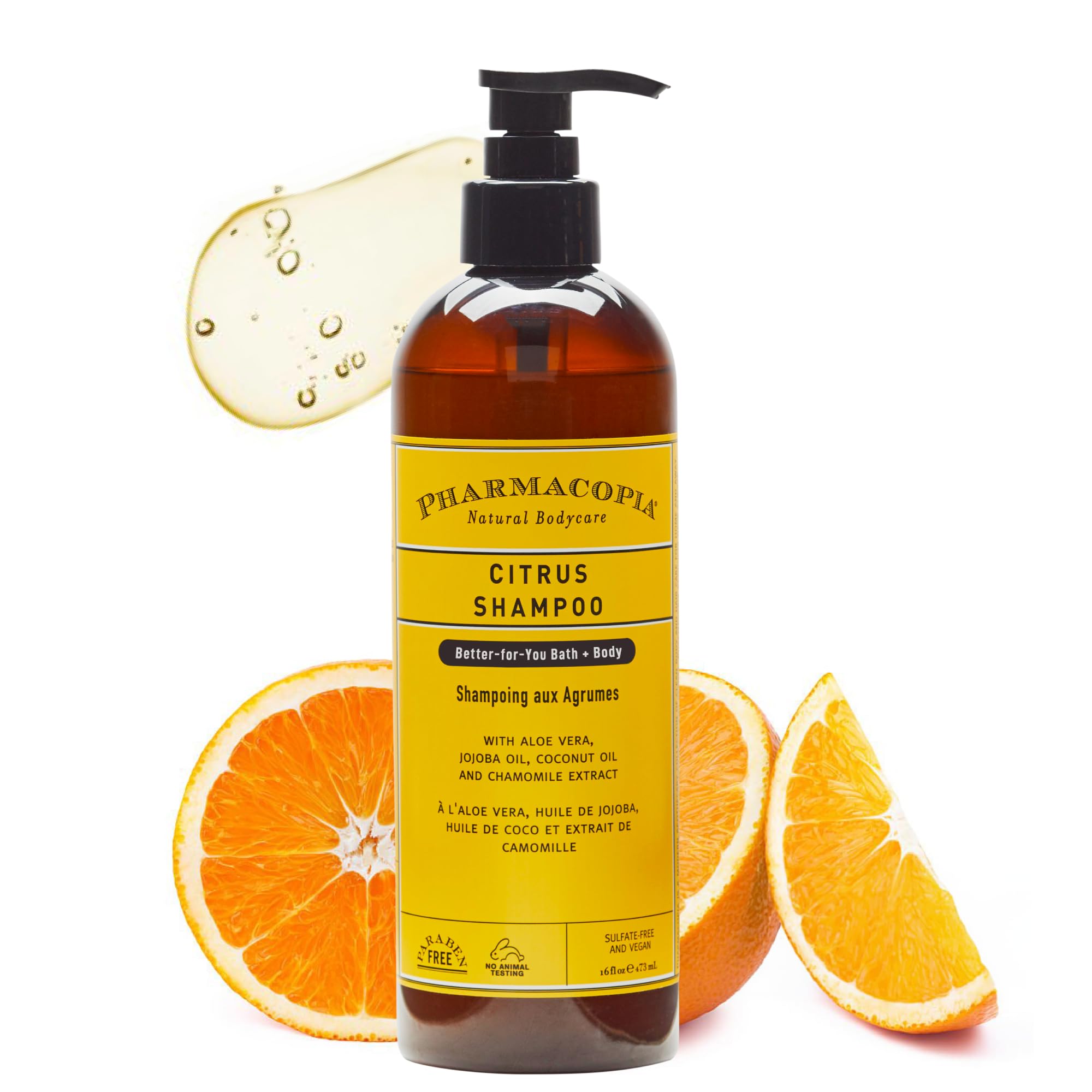 Pharmacopia Citrus Shampoo bottle pour with bright citrus aroma for a refreshing cleanse