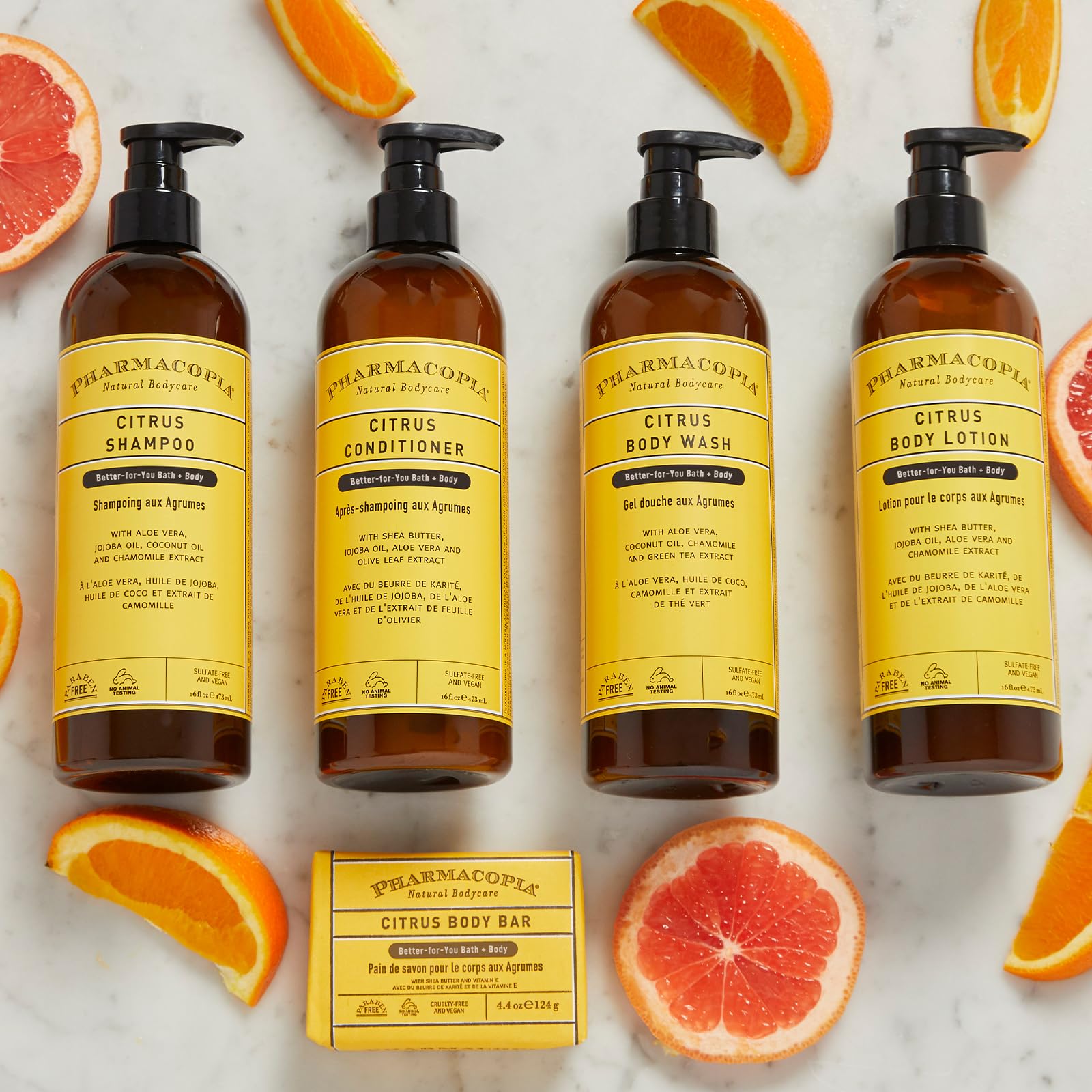 Pharmacopia Citrus Shampoo packaging with PCR bottle icon emphasizing sustainability