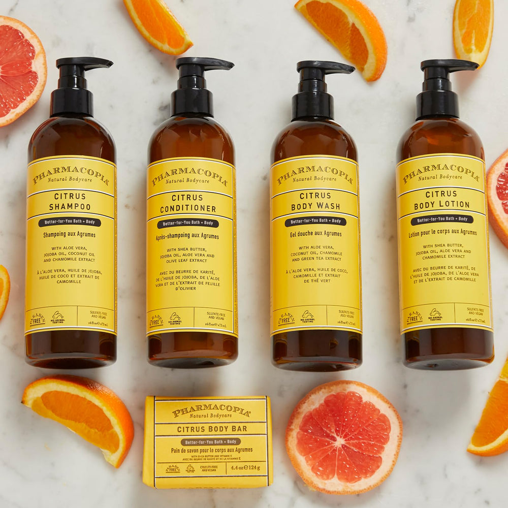 Pharmacopia Citrus Shampoo packaging with PCR bottle icon emphasizing sustainability