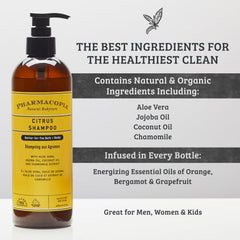 Pharmacopia Citrus Shampoo bottle surrounded by aloe vera leaves for moisture-rich care