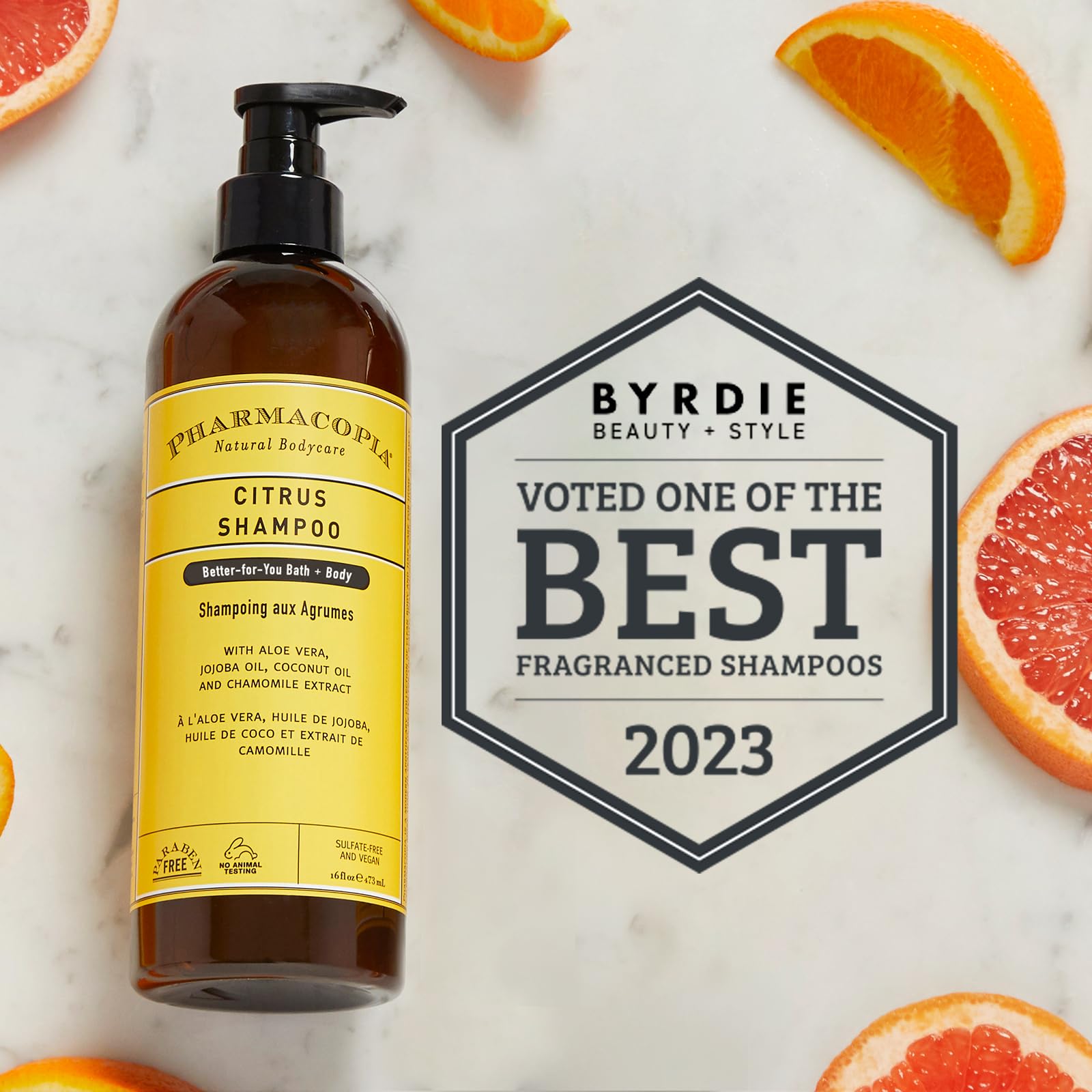 Pharmacopia Citrus Shampoo label close-up highlighting natural, sulfate-free care