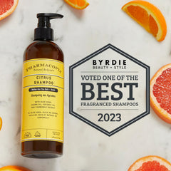 Pharmacopia Citrus Shampoo label close-up highlighting natural, sulfate-free care