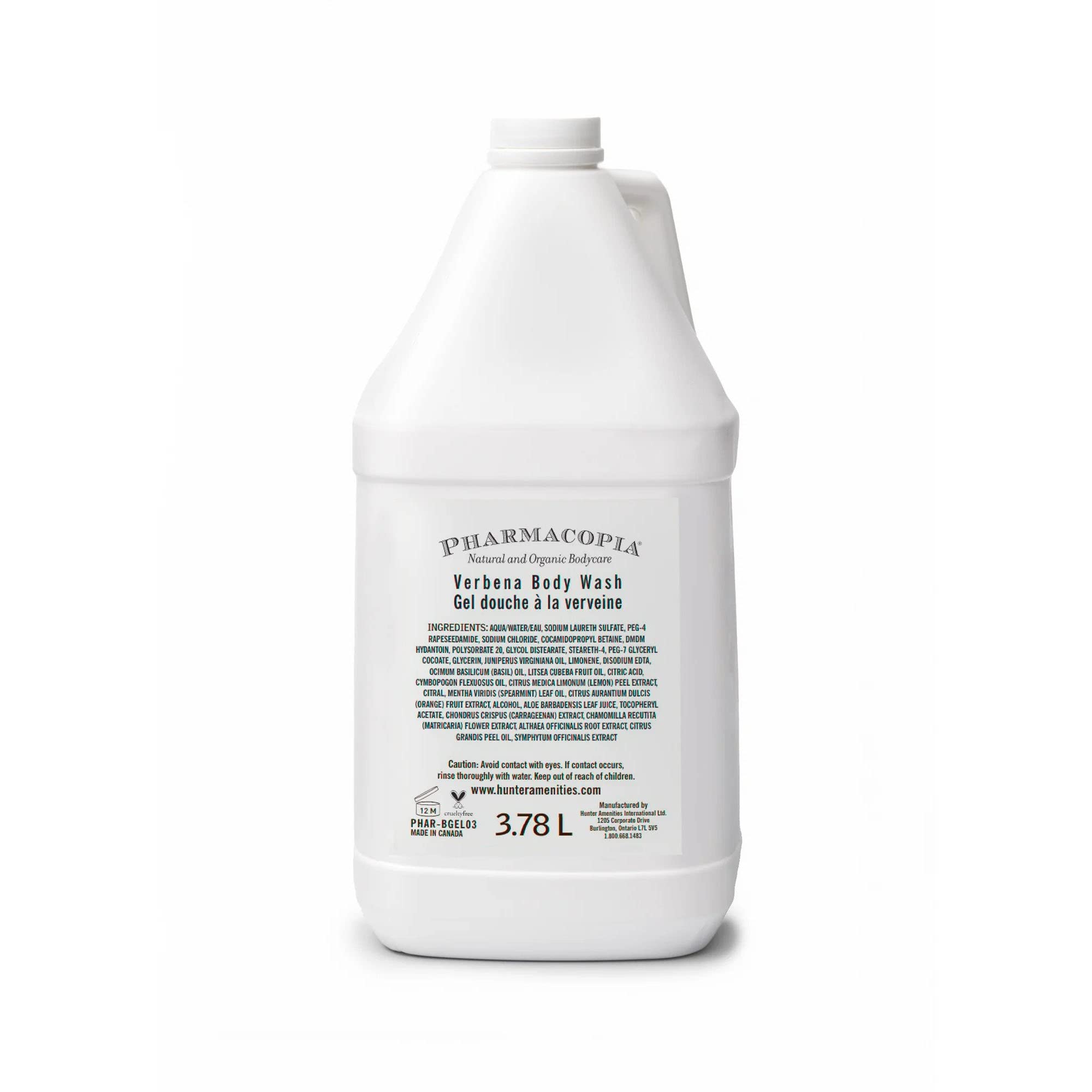 Pharmacopia Hotel Verbena bottle front, vegan body wash branding for daily use.