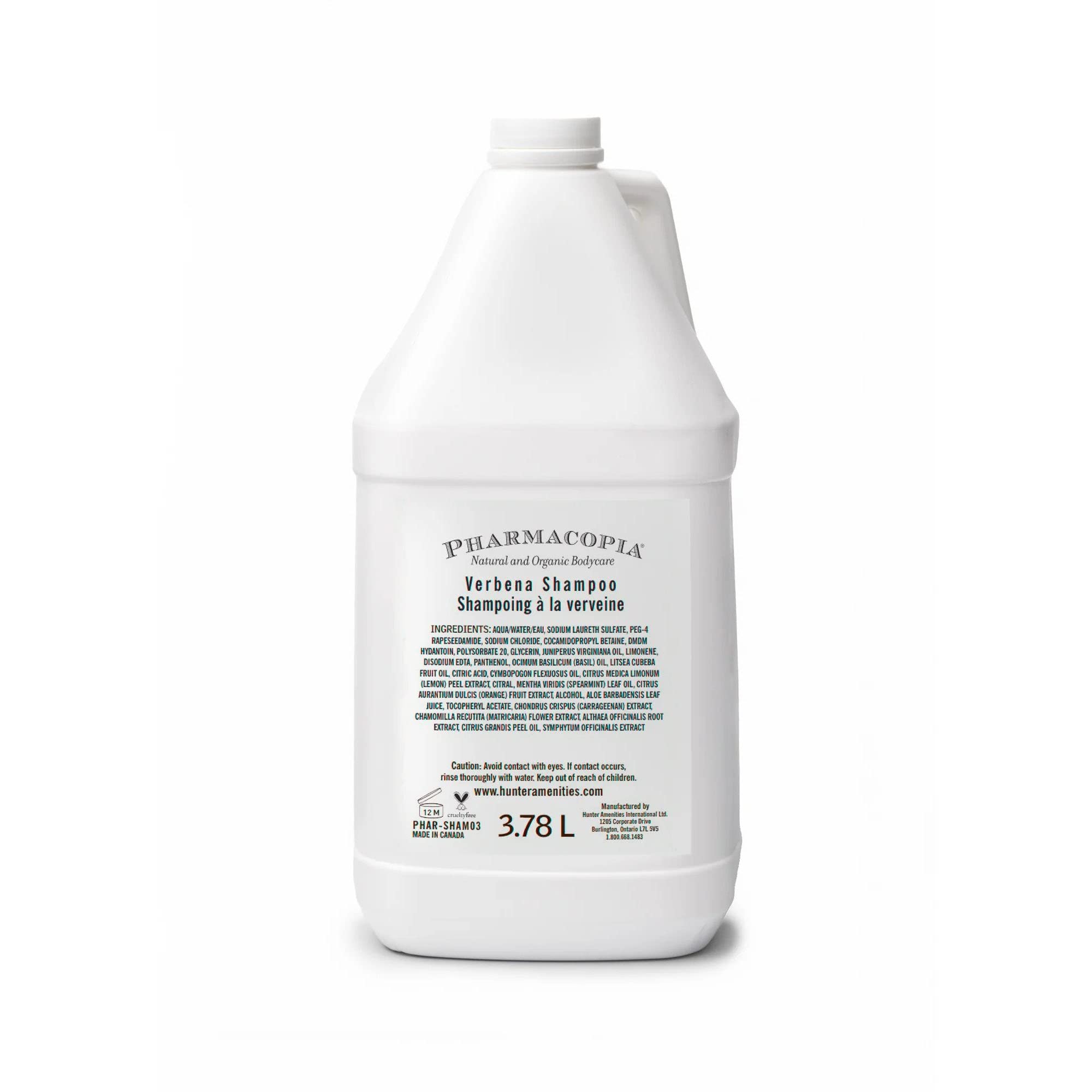 Pharmacopia Hotel Verbena Shampoo bottle highlights natural ingredients for daily hair nourishment.
