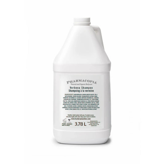 Pharmacopia Hotel Verbena Shampoo bottle highlights natural ingredients for daily hair nourishment.