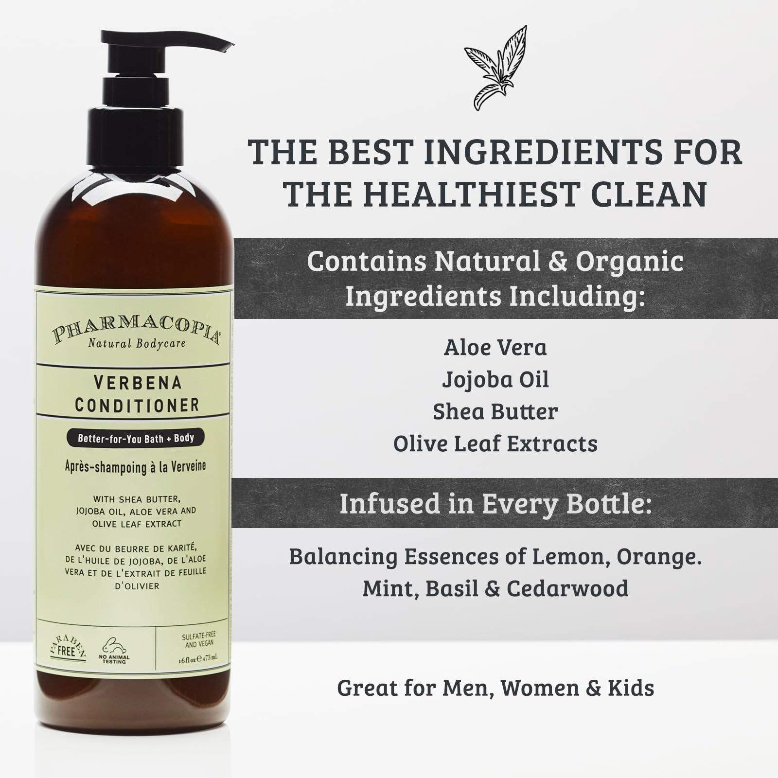 Pharmacopia Verbena Conditioner pump bottle shows lightweight formula ideal daily use.
