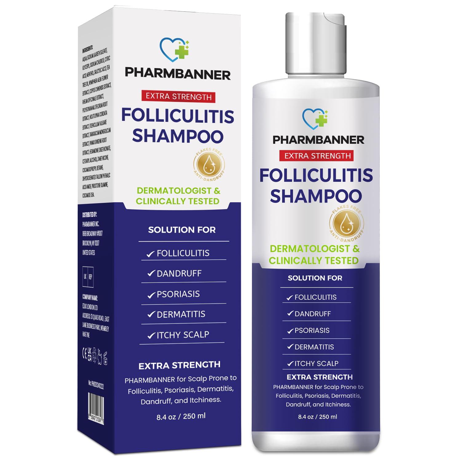 PHARMBANNER anti-fungal shampoo bottle promotes scalp relief and clean, healthy-looking hair