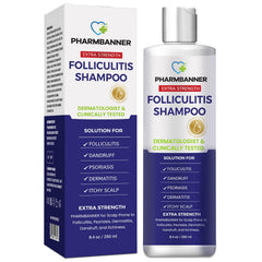 PHARMBANNER anti-fungal shampoo bottle promotes scalp relief and clean, healthy-looking hair