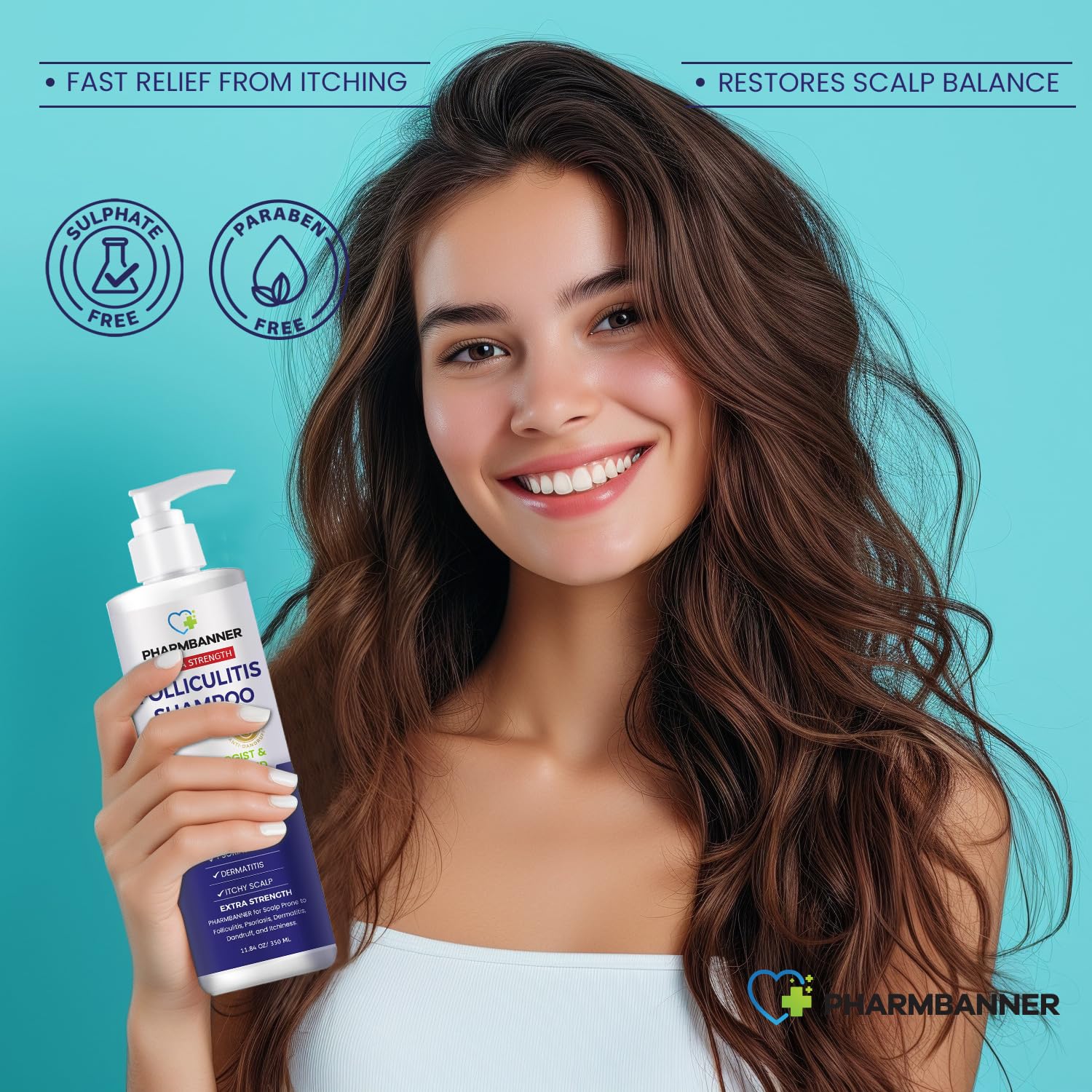 PHARMBANNER Scalp relief illustration shows soothing irritation reduction