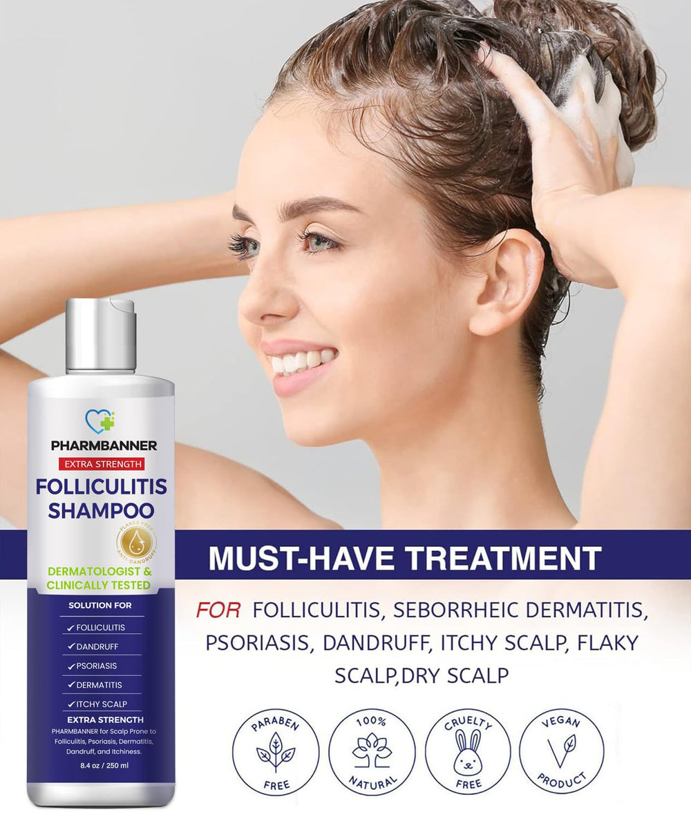PHARMBANNER bottle beside towel conveys soothing moisture for scalp comfort