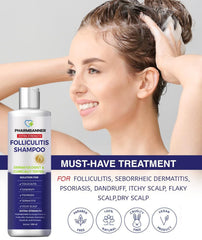 PHARMBANNER bottle beside towel conveys soothing moisture for scalp comfort