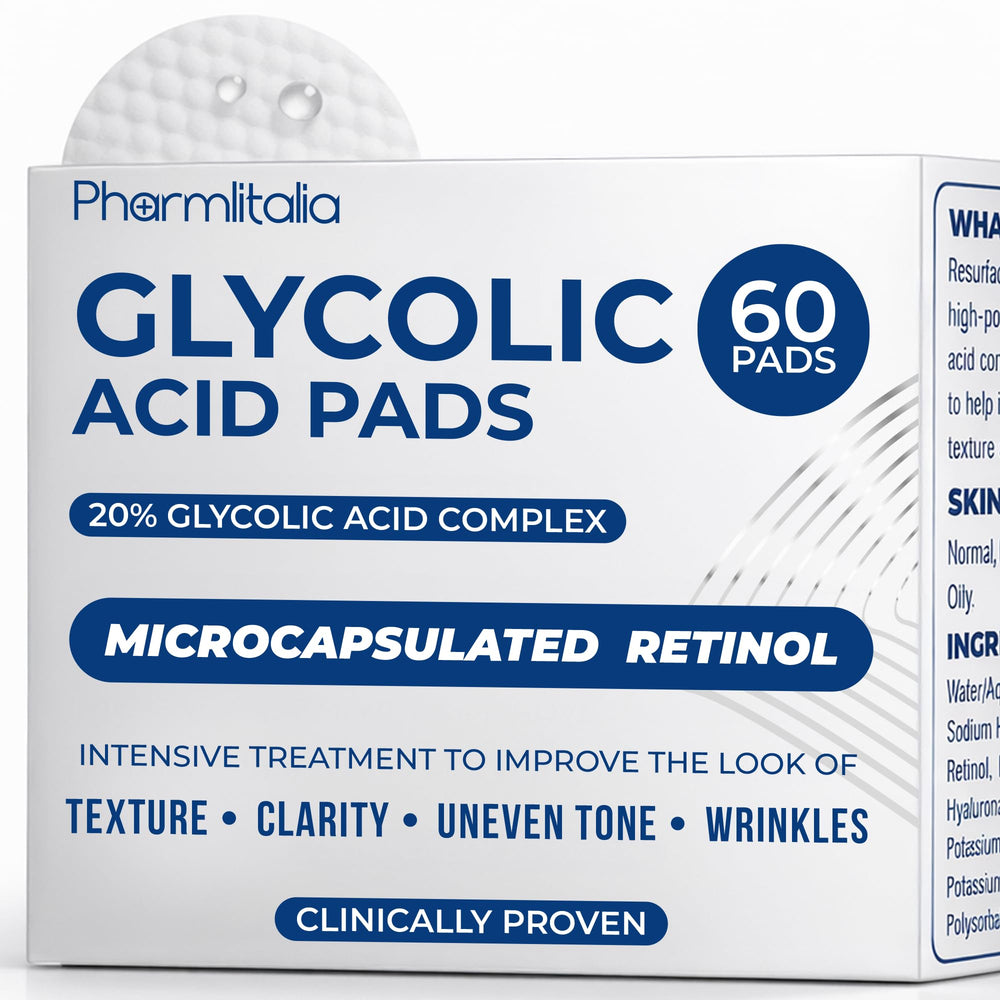 Pharmlitalia Glycolic Pads applied to the face for smoother, brighter skin.
