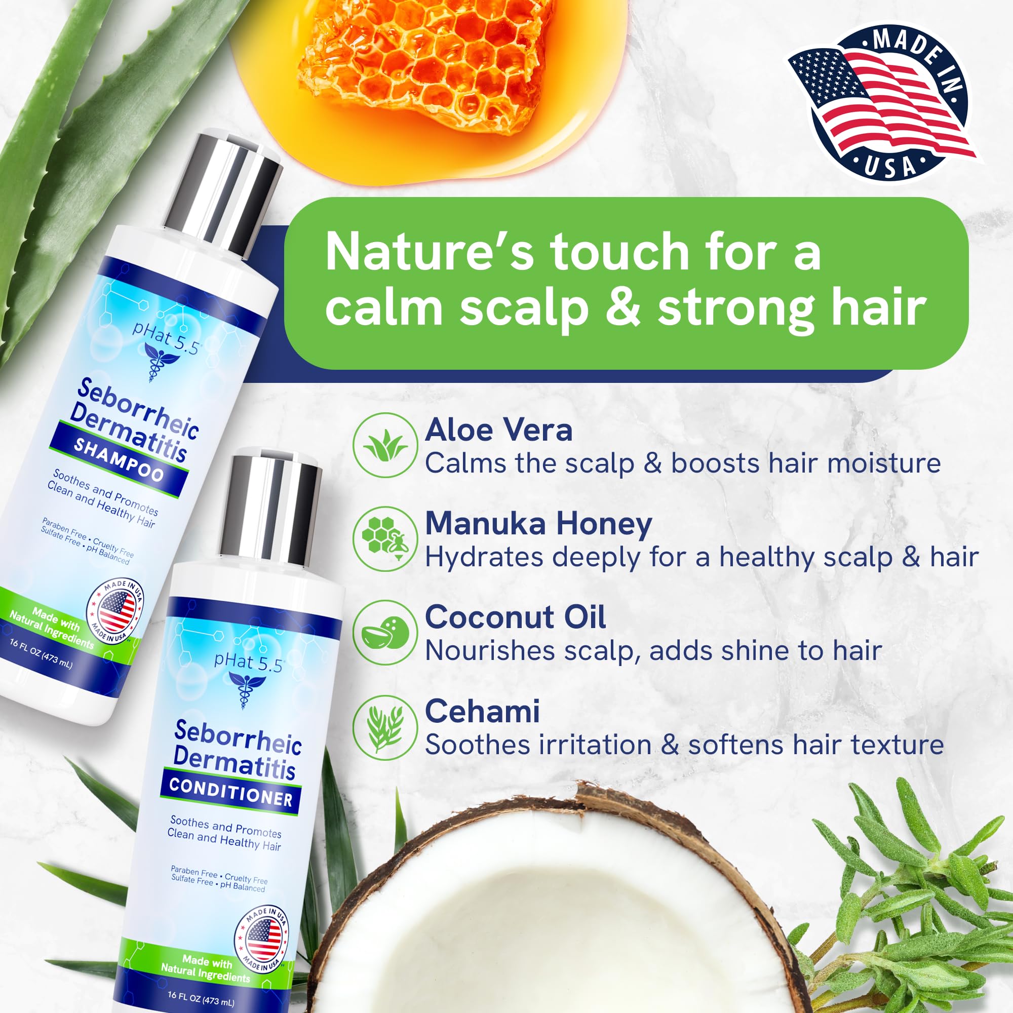 pHat 5.5 organic plant extracts label highlighting soothing scalp care.