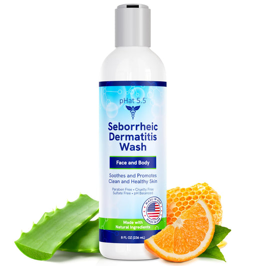 Phat 5.5 seborrheic facewash bottle on a shelf for gentle cleansing of sensitive skin.