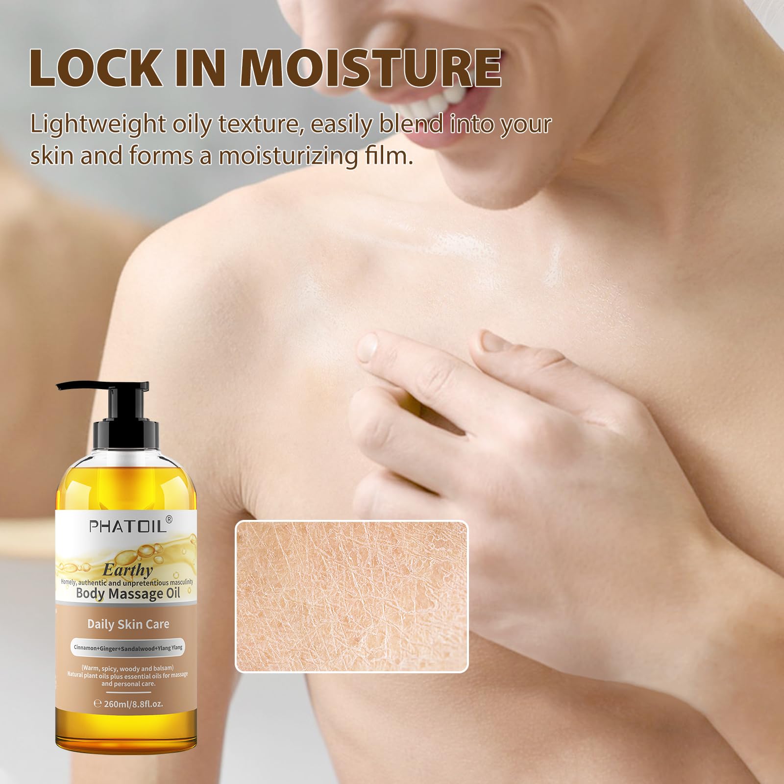 PHATOIL Sandalwood Body Oil massage-application illustrating body care use.
