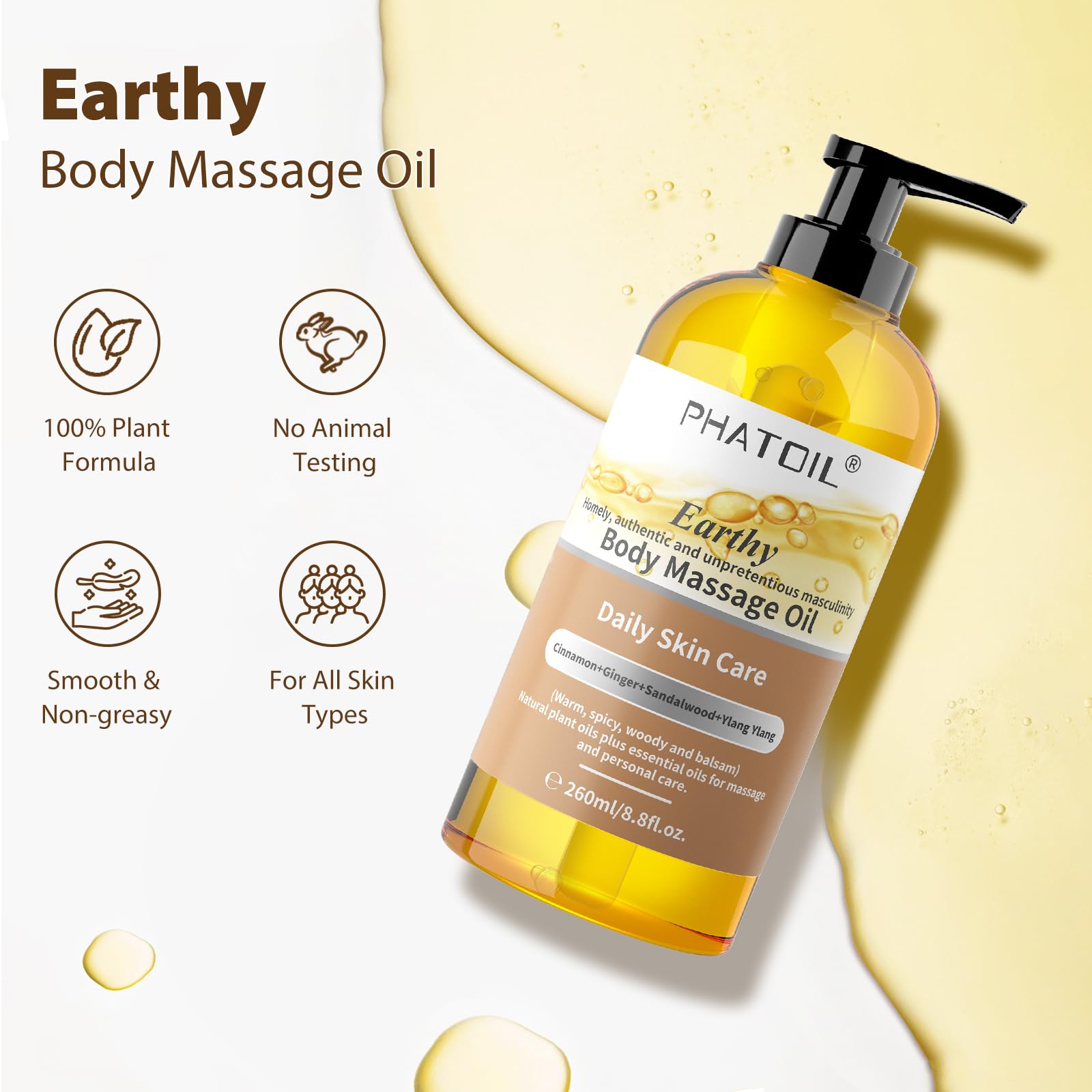 PHATOIL Sandalwood Body Oil pump-dispense demonstrates easy dosing.