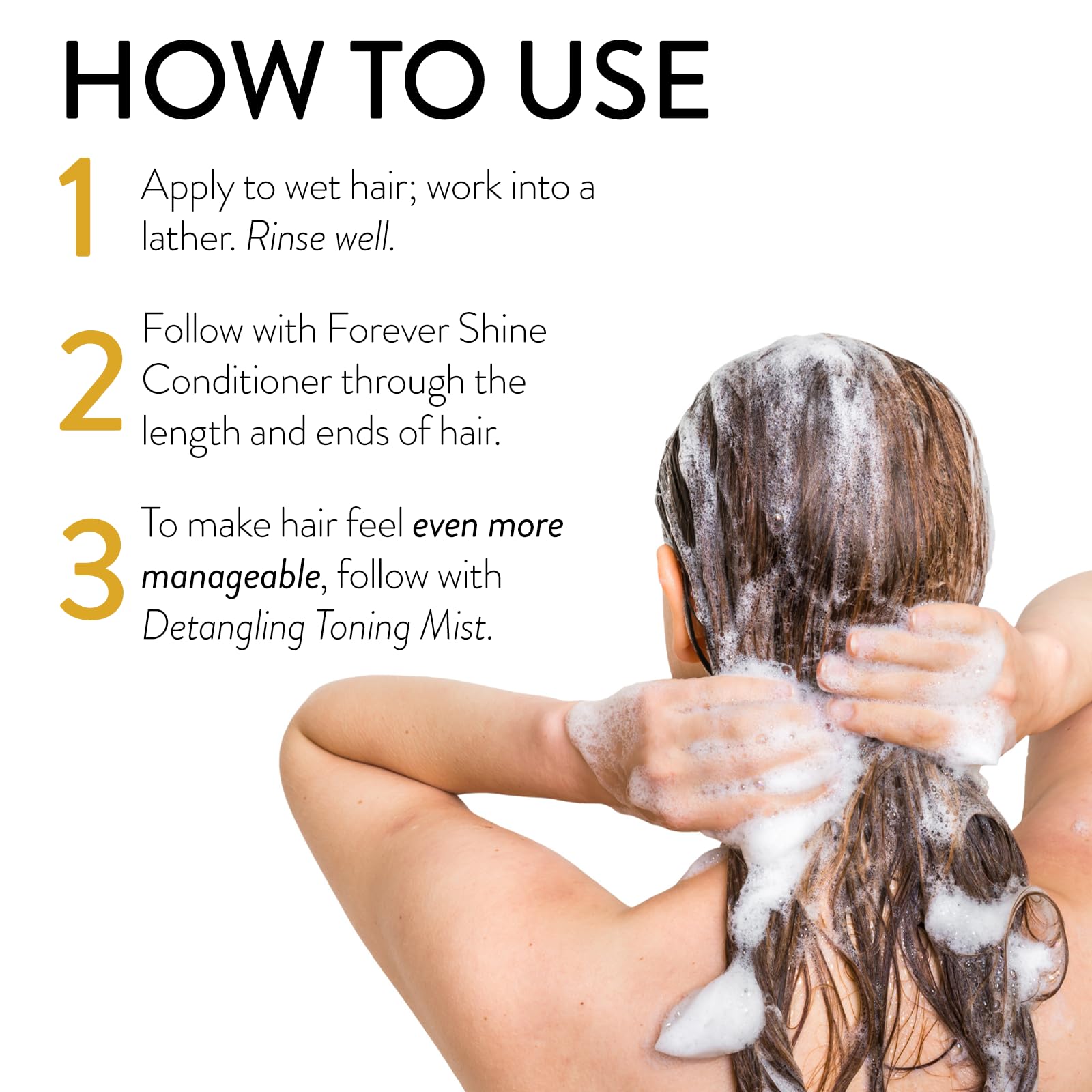 PHILIP B Forever Shine Shampoo bottle close-up demonstrates glossy, defined hair after use
