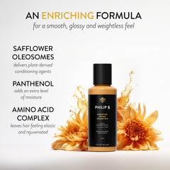 PHILIP B Forever Shine Shampoo bottle pouring for smooth, frizz-controlled styling