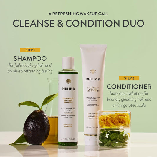 PHILIP B Peppermint Avocado Conditioner bottle highlights nourished hair without residue.