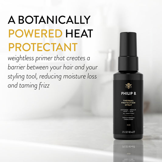 PHILIP B Thermal Protection Spray in use as a pre-styling primer for smooth texture.
