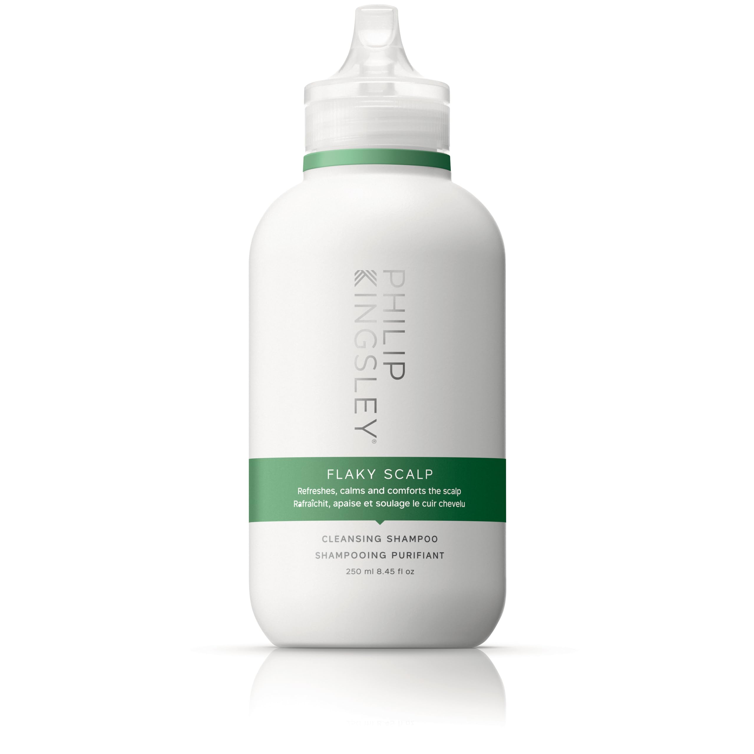 Philip Kingsley Flaky Scalp Shampoo bottle promoting soothing cleansing for itchy scalps.