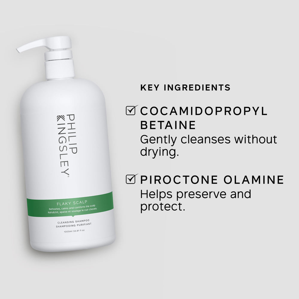 Philip Kingsley Flaky Scalp Shampoo label highlighting ingredients.