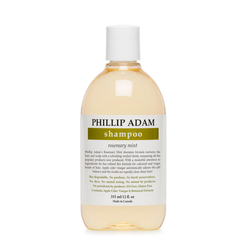 Phillip Adam Rosemary Mint Shampoo bottle shows label for refreshed scalp and shine.