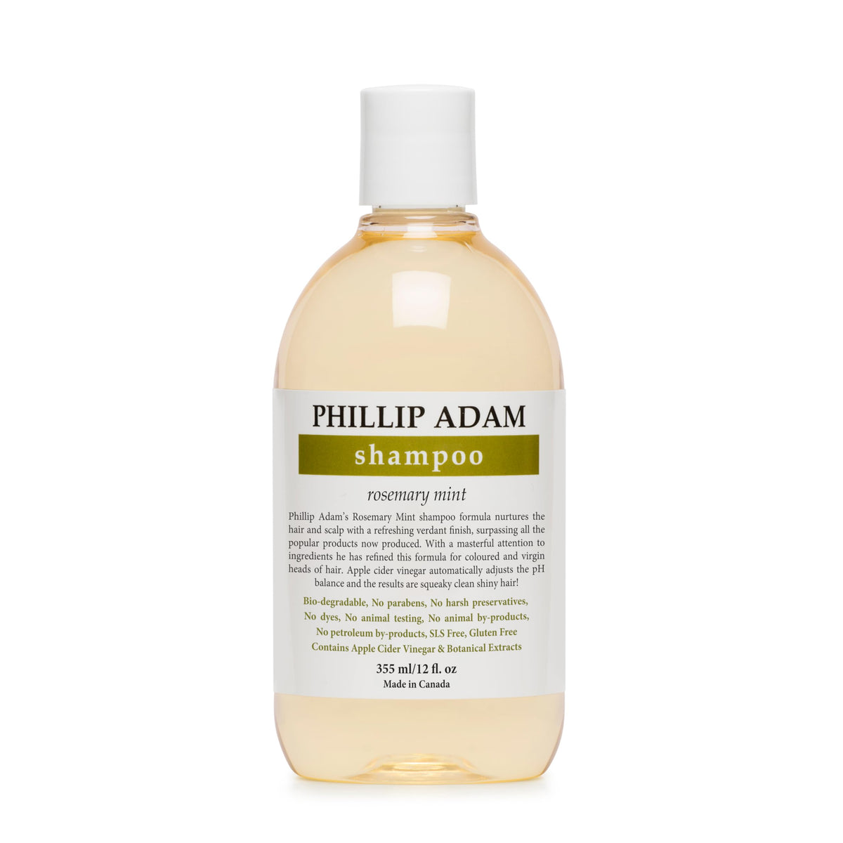 Phillip Adam Rosemary Mint Shampoo bottle shows label for refreshed scalp and shine.