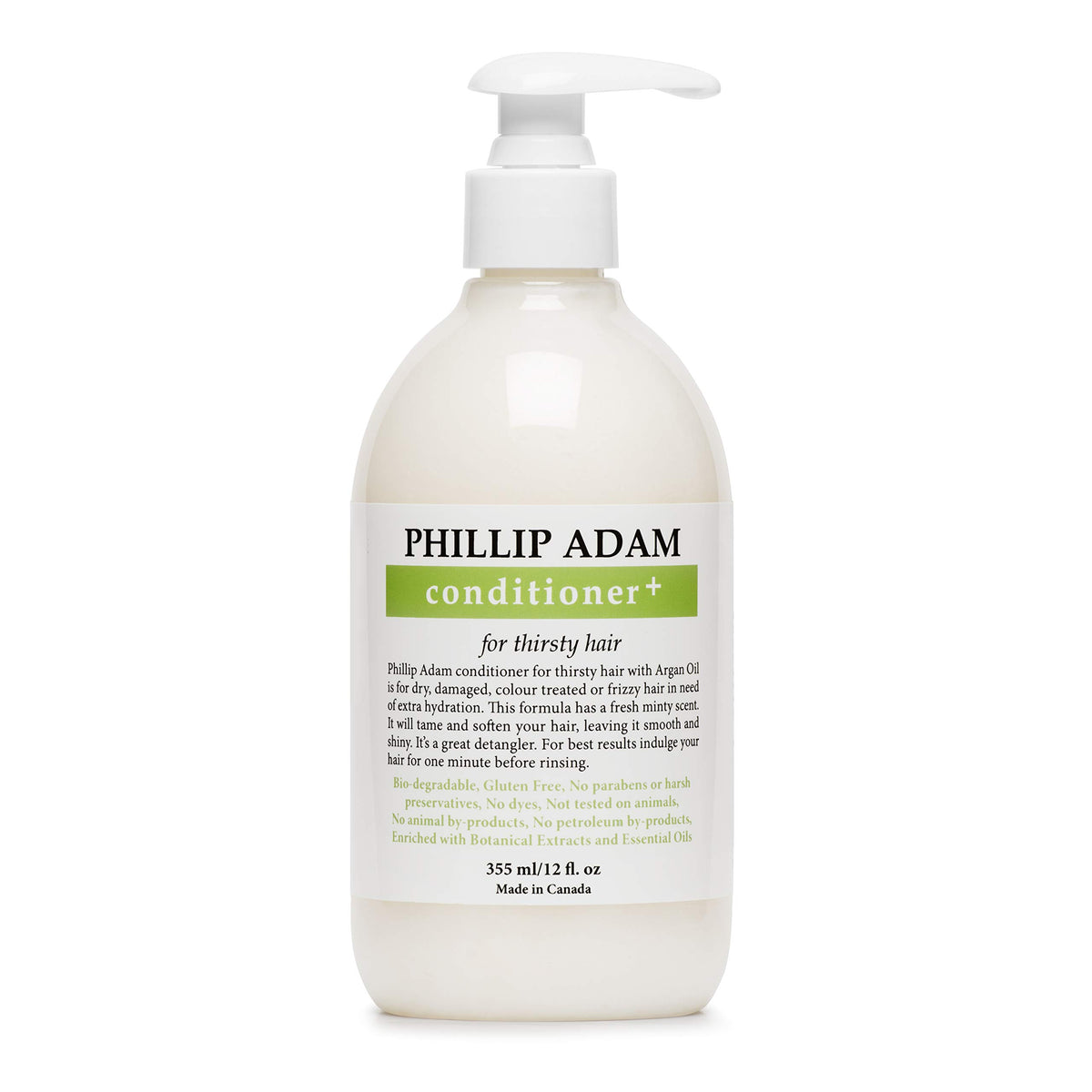 Phillip Adam Thirsty Hair Conditioner bottle highlighting argan, moringa, and macadamia oils for hydration