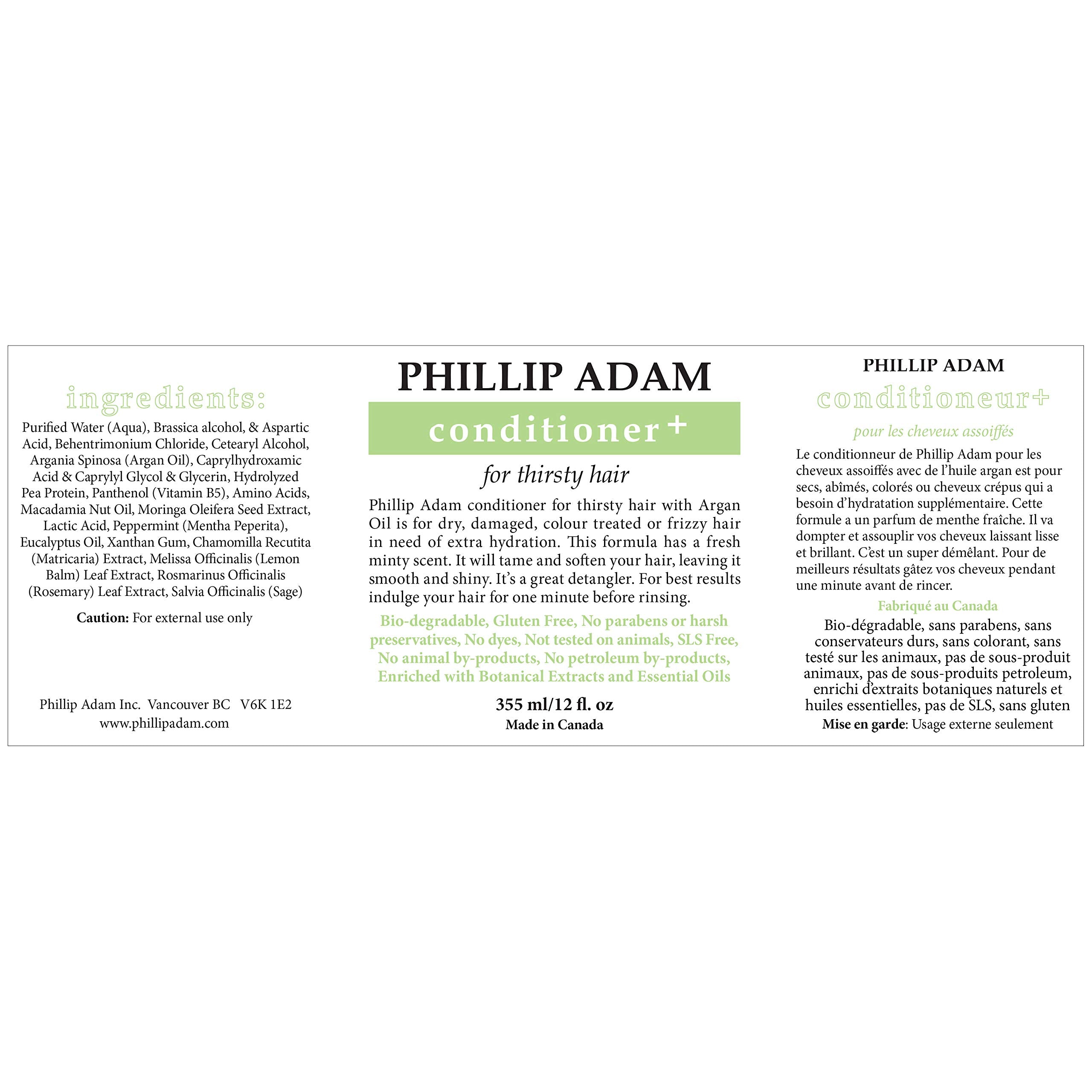 Phillip Adam Thirsty Hair Conditioner label close-up shows vegan, paraben-free formula for healthier hair
