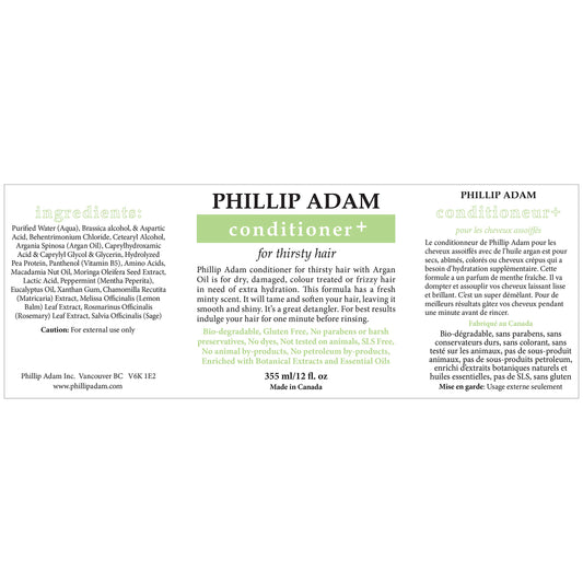 Phillip Adam Thirsty Hair Conditioner label close-up shows vegan, paraben-free formula for healthier hair