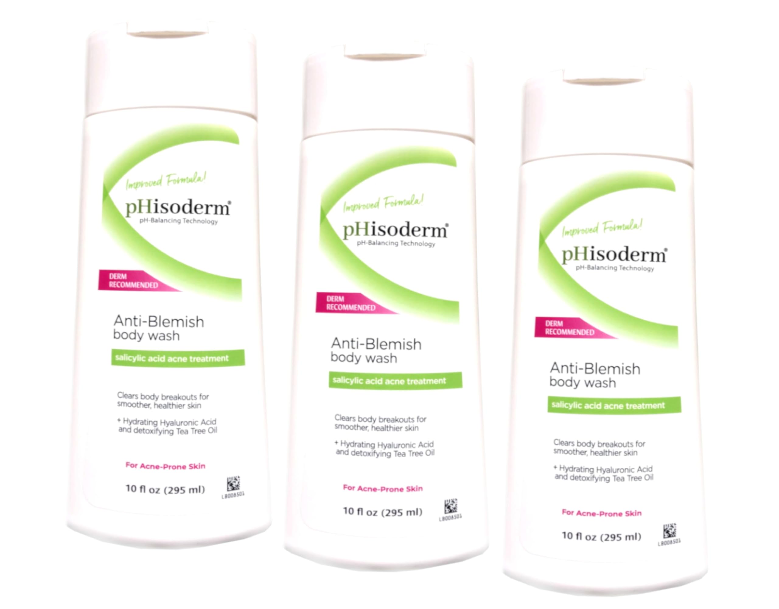 Phisoderm Anti-Blemish Body Wash bottle shown for daily cleansing
