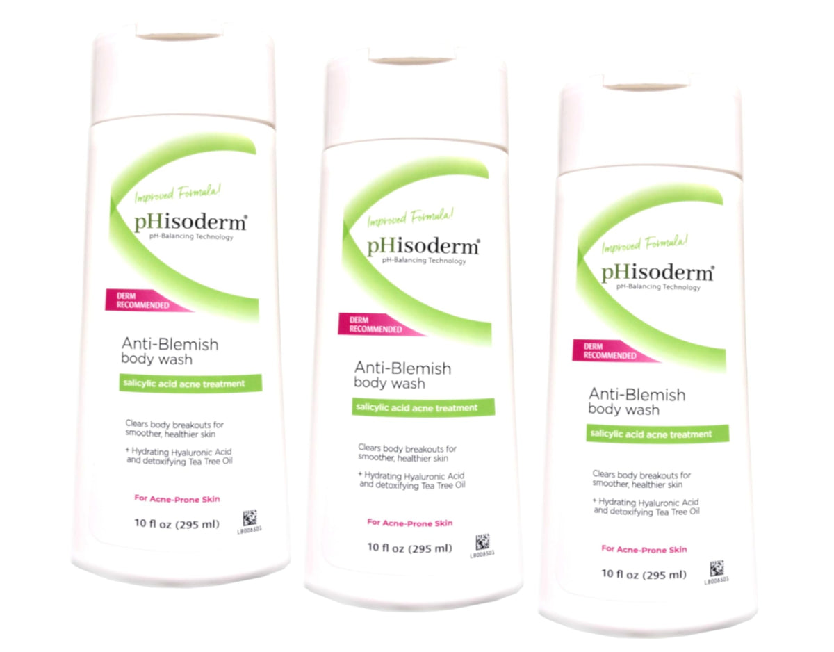 Phisoderm Anti-Blemish Body Wash bottle shown for daily cleansing