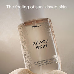 PHLUR Beach Skin mist spray action demonstrates easy all-over application.