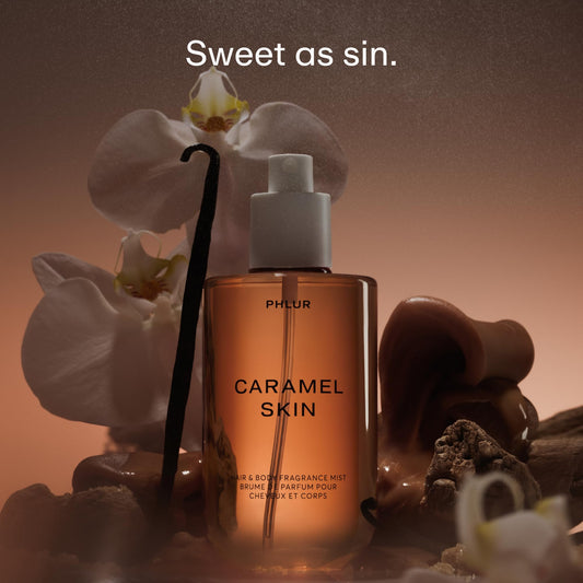 PHLUR Caramel Skin mist spray close-up for easy application.