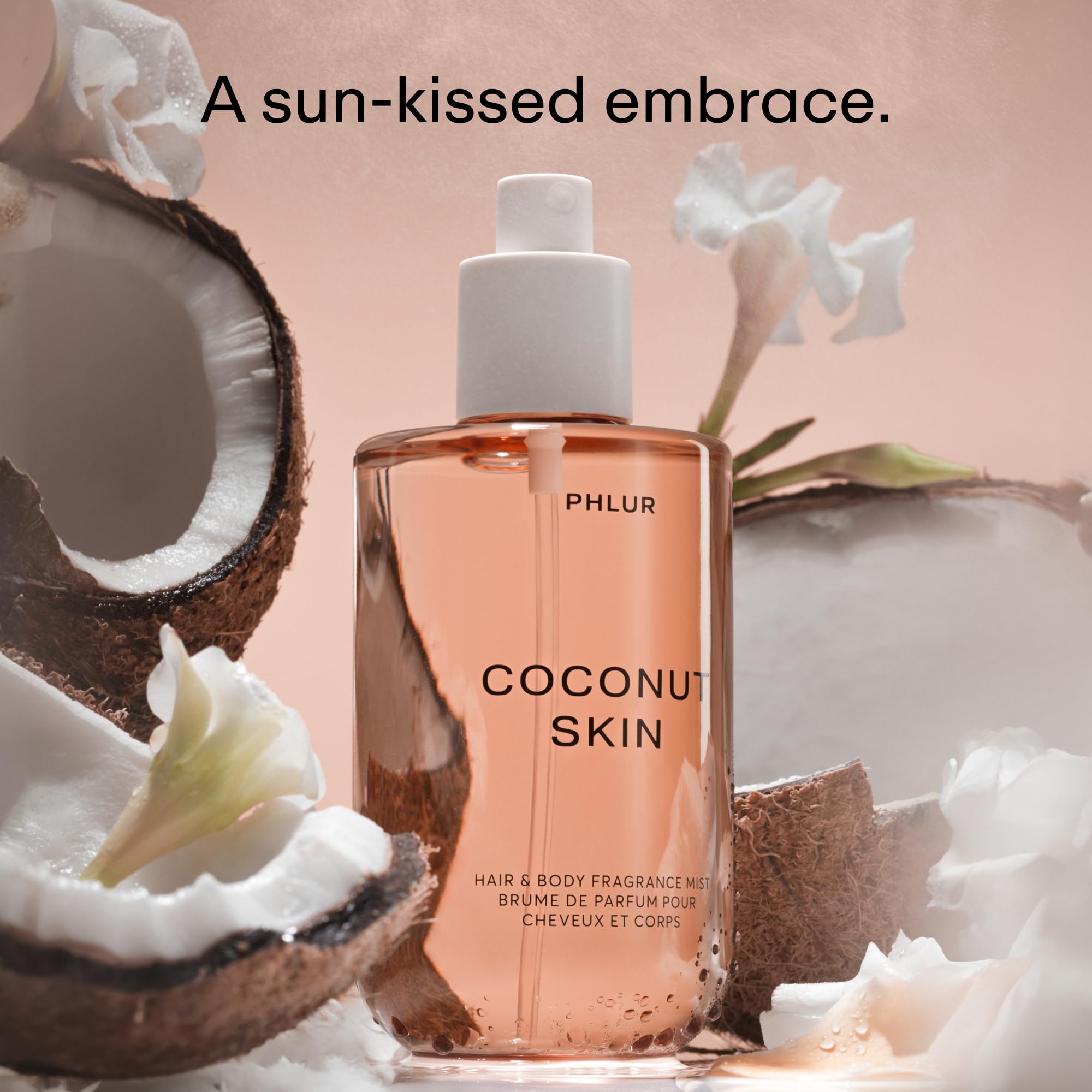 PHLUR Coconut Skin Mist spray application shows versatile use.