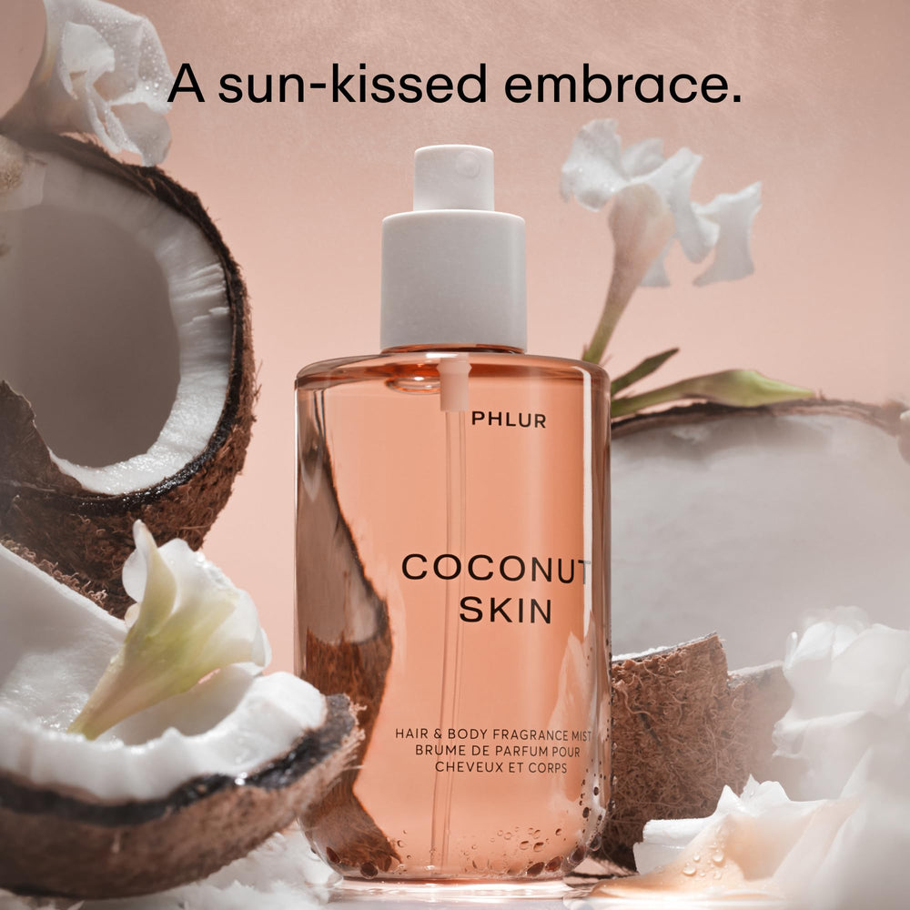 PHLUR Coconut Skin Mist spray application shows versatile use.