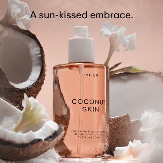 PHLUR Coconut Skin Mist spray application shows versatile use.