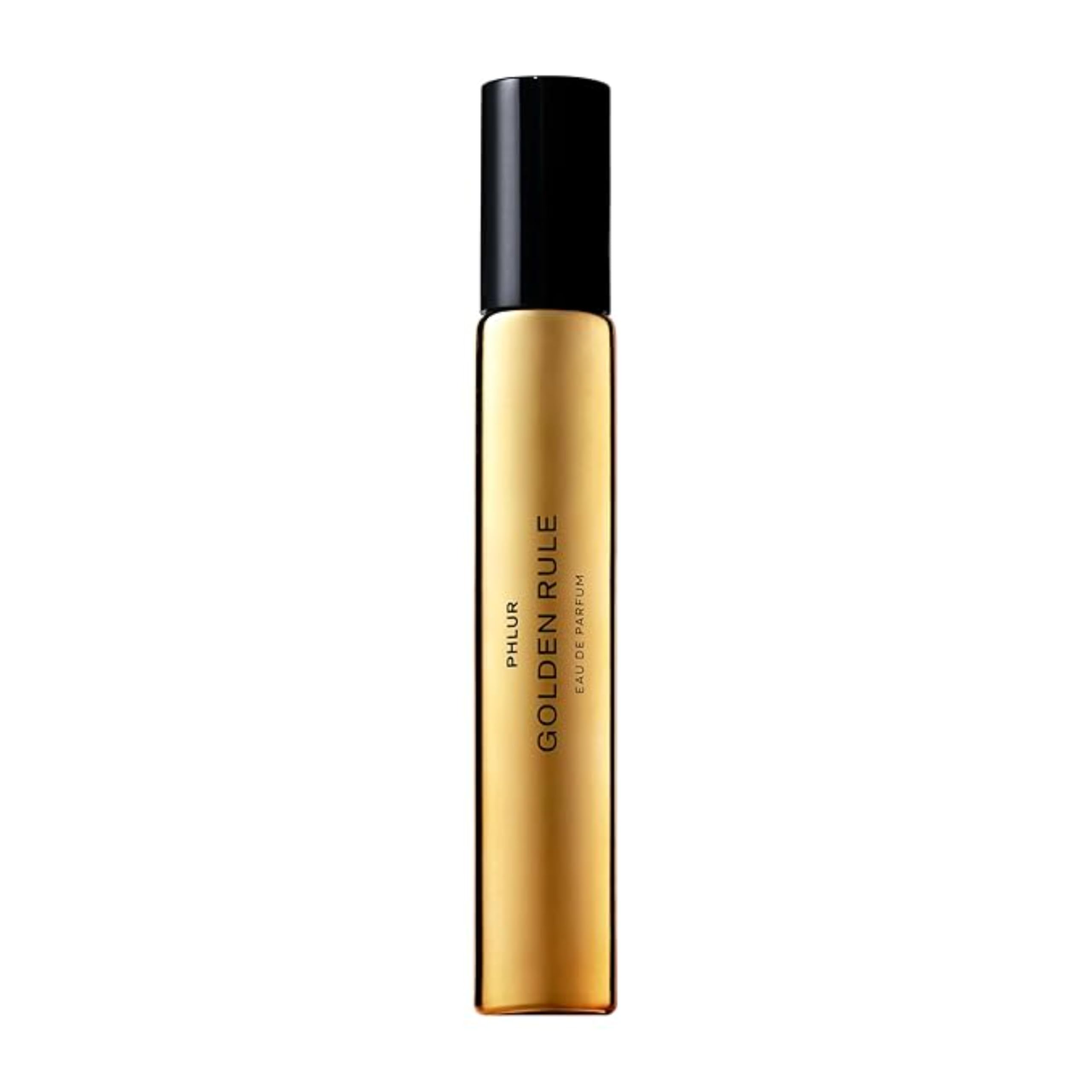 PHLUR Golden Rule bottle close-up with sleek glass for travel-friendly use.