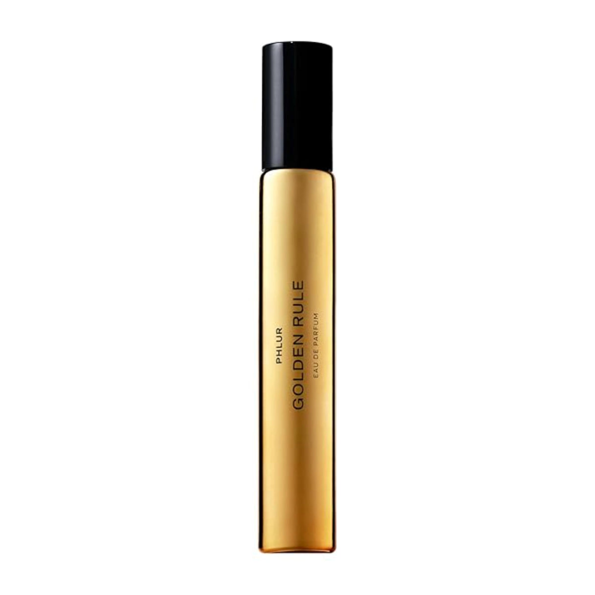 PHLUR Golden Rule bottle close-up with sleek glass for travel-friendly use.
