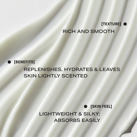PHLUR Missing Person Body Lotion texture closeup showing silky hydration for dry skin